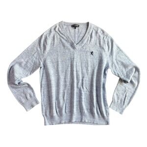 Express Mens V-Neck Sweater Light Blue Heather 100% Cotton Lion Logo Size L‎
